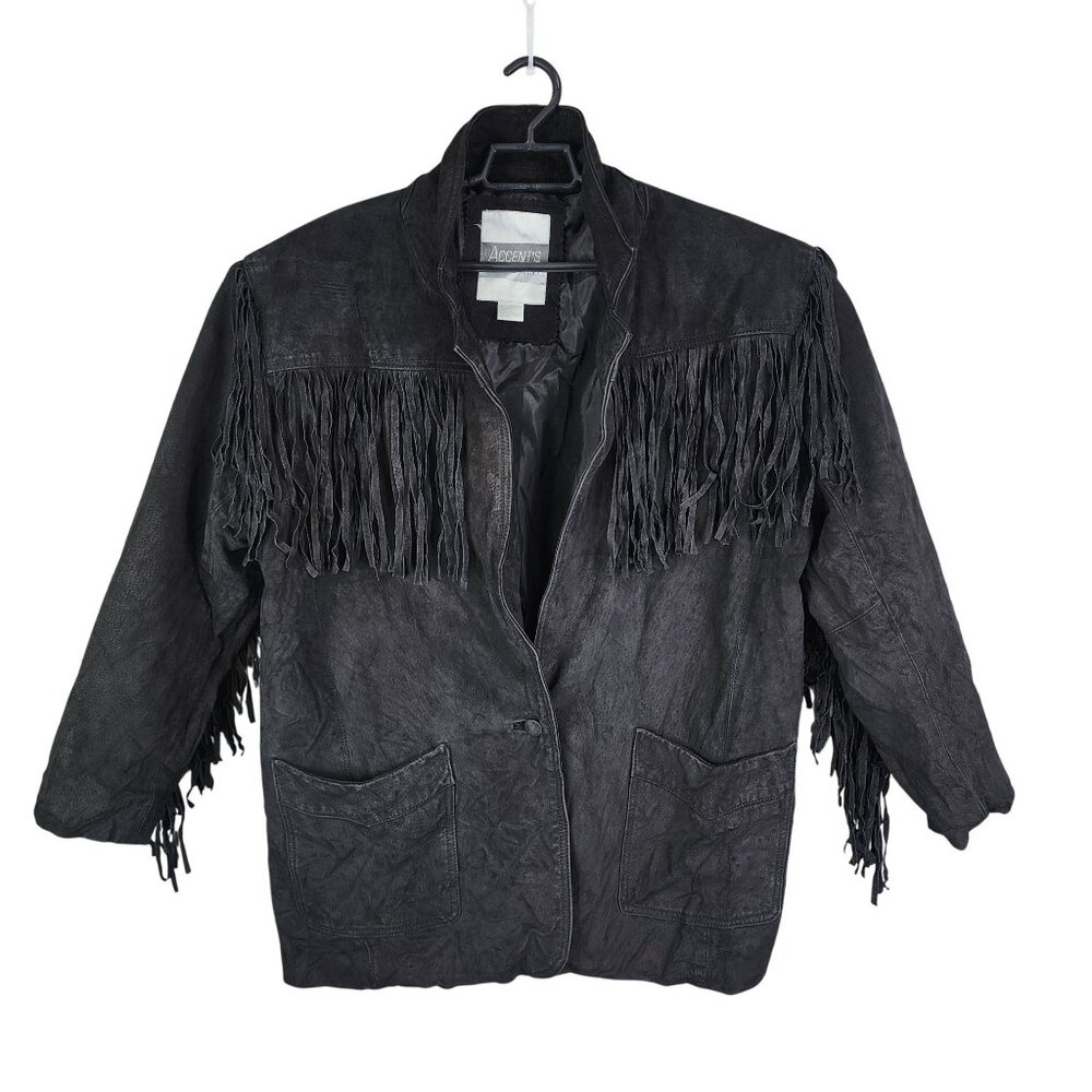 Vintage Black Leather Fringe Jacket By Accents On Outerwear Western Size 1X